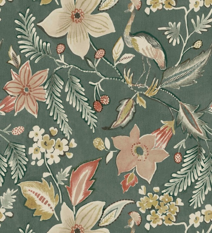 Papel pintado garza y flora exótica fondo verde - Seraphina Garden 683806