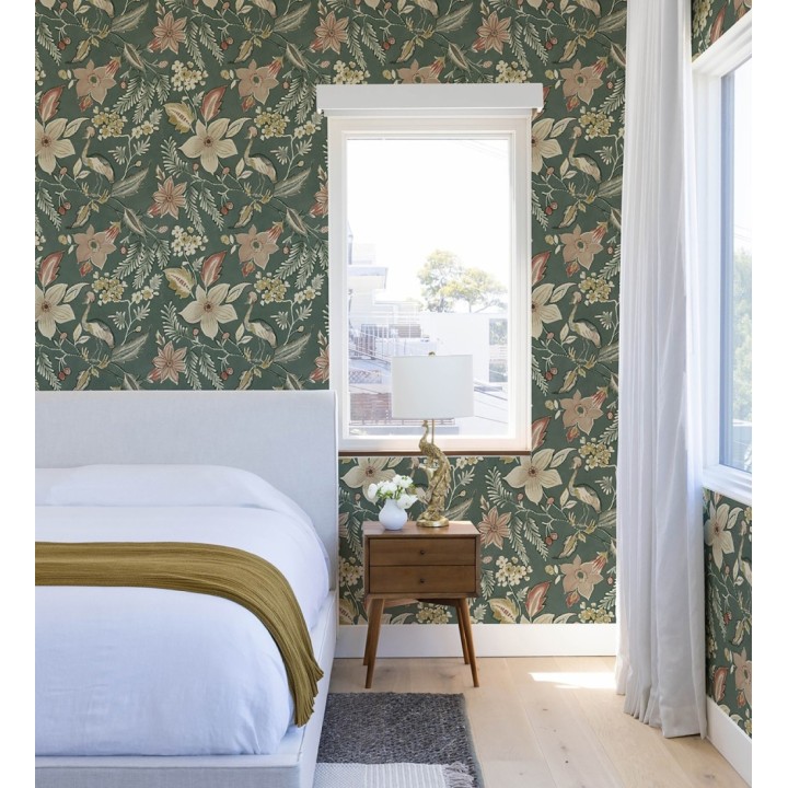 Papel pintado garza y flora exótica fondo verde - Seraphina Garden 683806