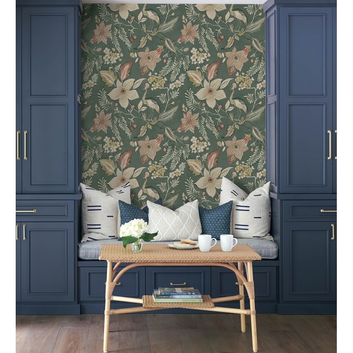 Papel pintado garza y flora exótica fondo verde - Seraphina Garden 683806