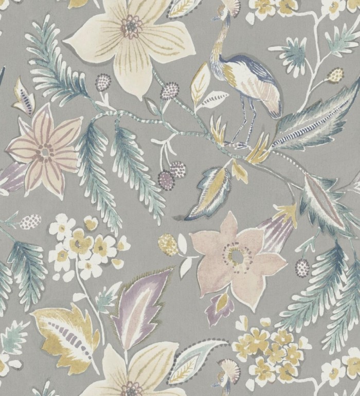 Papel pintado garza y flora exótica fondo gris - Seraphina Garden 683807