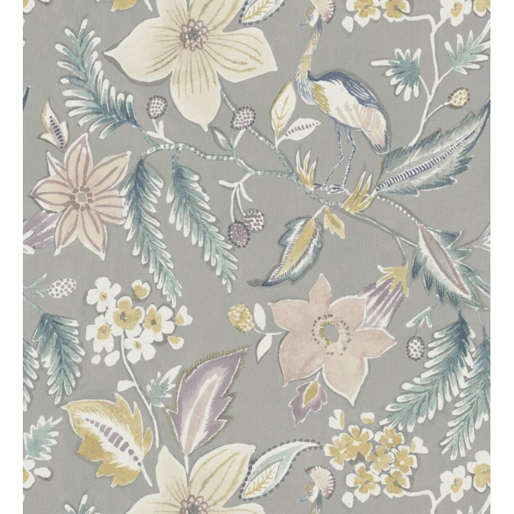 Papel pintado garza y flora exótica fondo gris - Seraphina Garden 683807