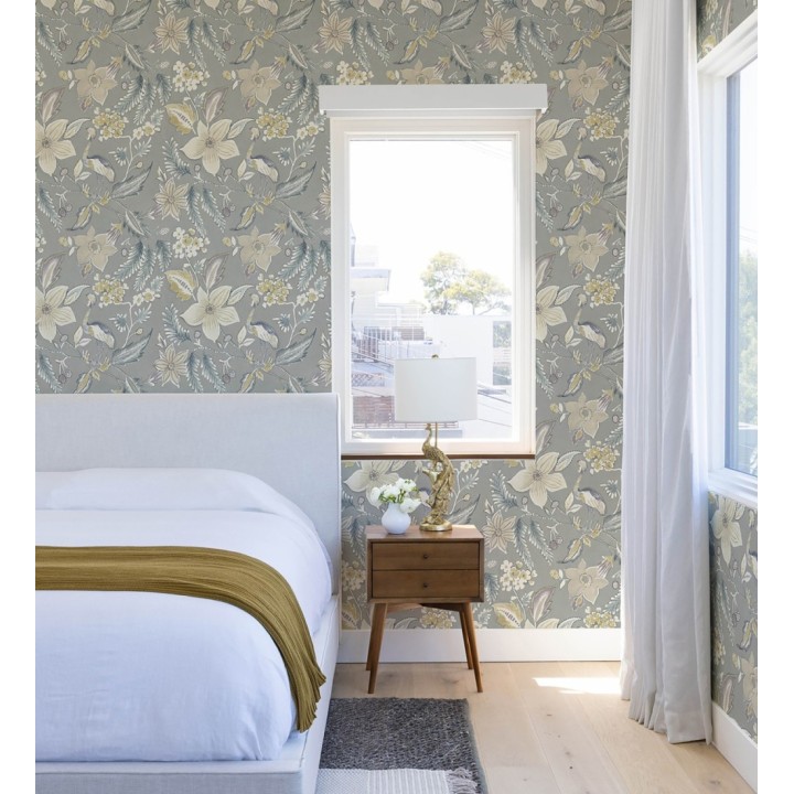 Papel pintado garza y flora exótica fondo gris - Seraphina Garden 683807