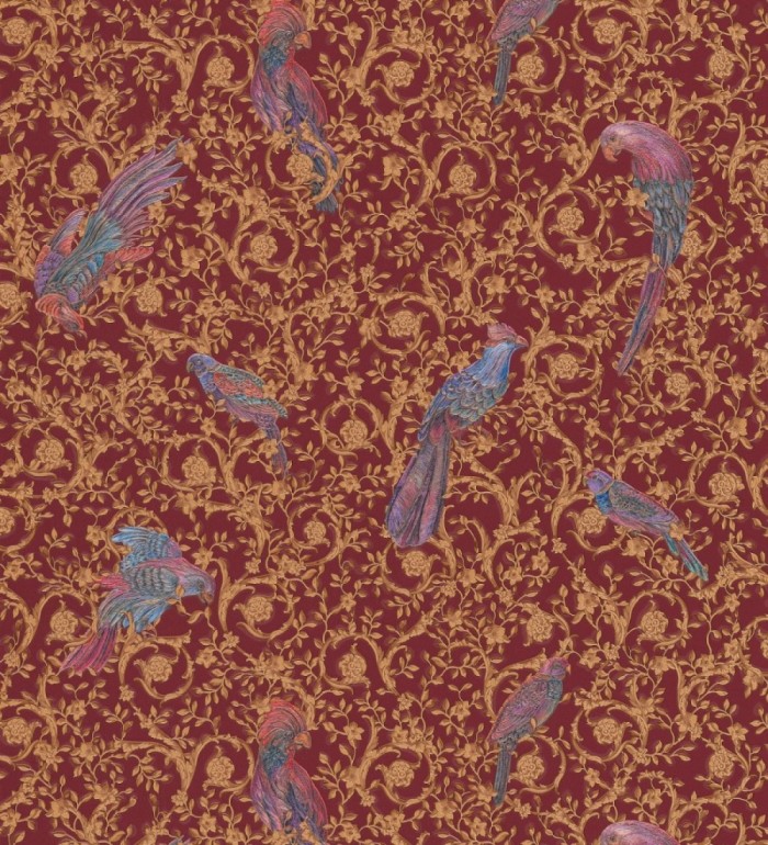 Papel pintado loros sobre volutas doradas - Vatican Parrots 126354