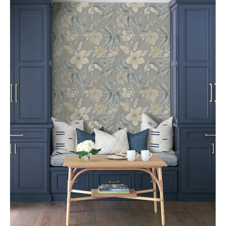 Papel pintado garza y flora exótica fondo gris - Seraphina Garden 683807