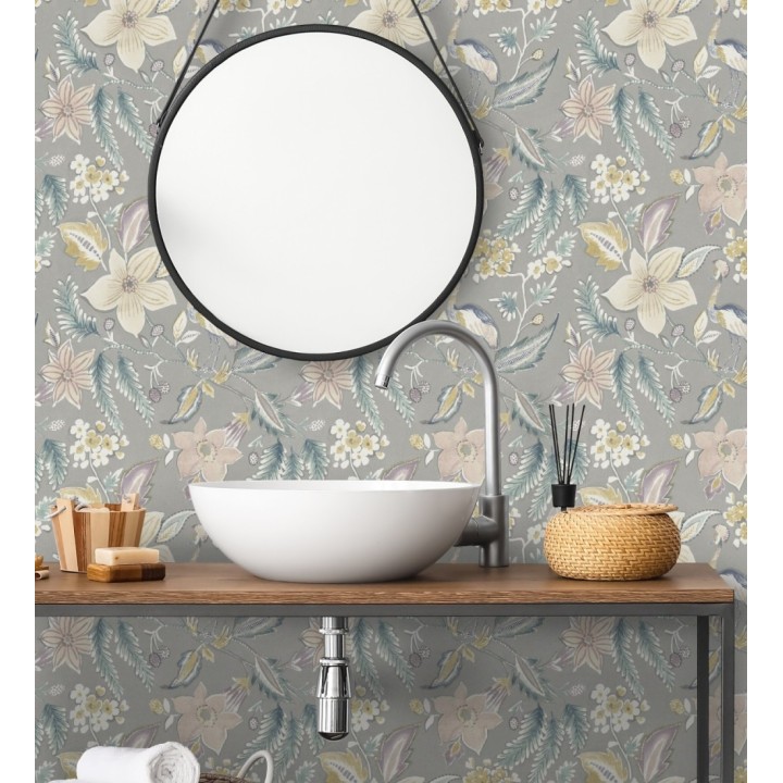 Papel pintado garza y flora exótica fondo gris - Seraphina Garden 683807