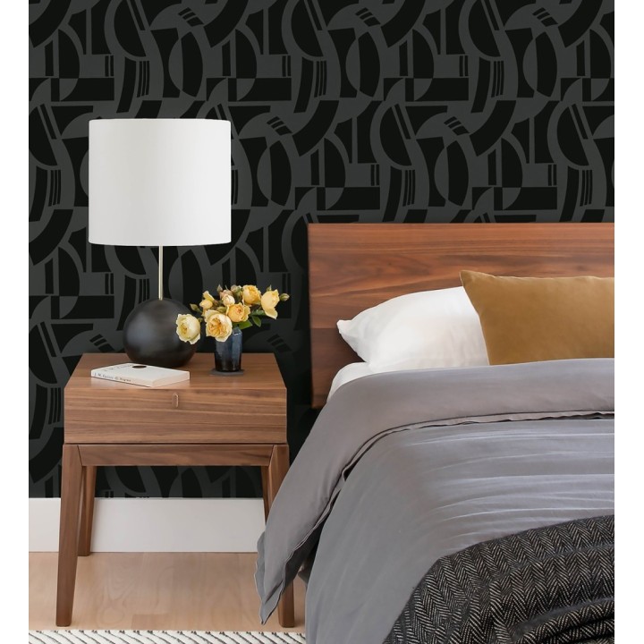 Papel pintado de figuras abstratas en terciopelo negro con relieve - Velvet Strata 683808