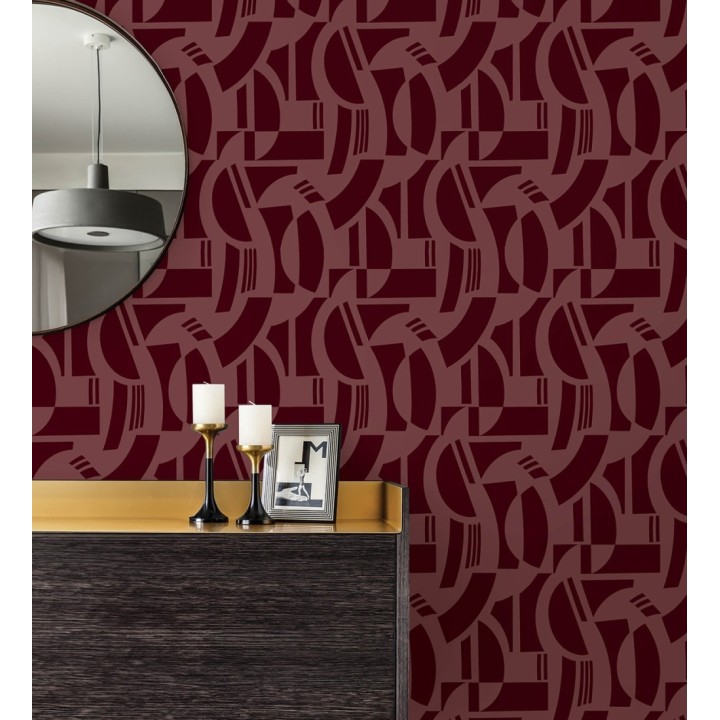 Papel pintado de figuras abstratas en terciopelo burdeos con relieve - Velvet Strata 683809
