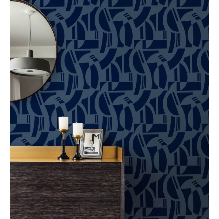 Papel pintado de figuras abstratas en terciopelo azul con relieve - Velvet Strata 683810