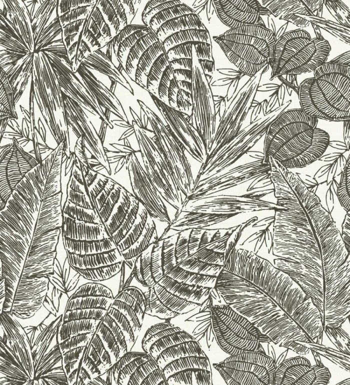 Papel pintado hojas de selva color negro sobre fondo tejido en fibras vegetales - Midnight Palms 683814