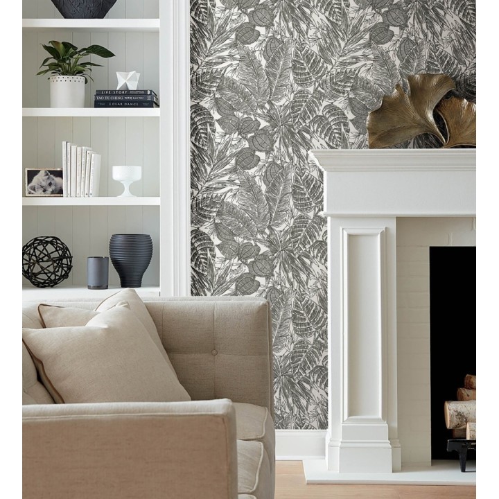Papel pintado hojas de selva color negro sobre fondo tejido en fibras vegetales - Midnight Palms 683814