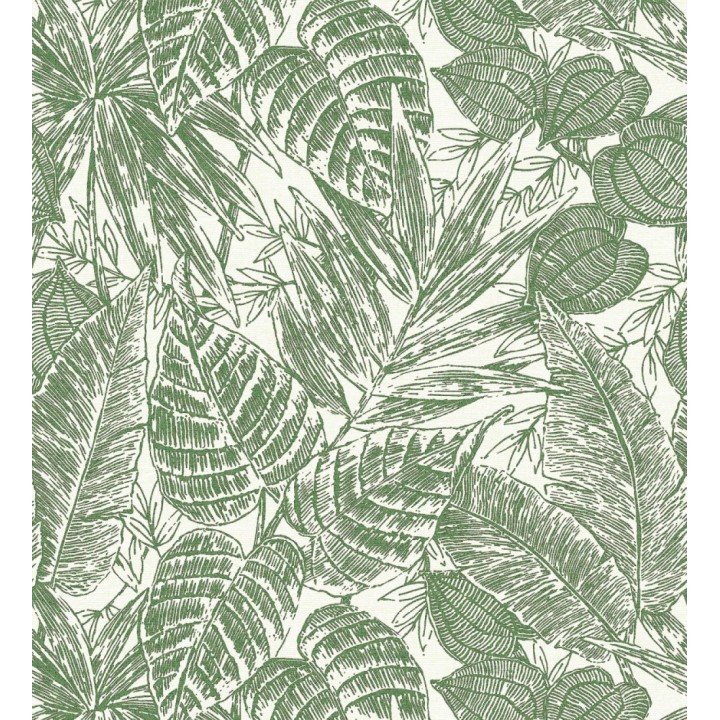 Papel pintado hojas de selva color verde sobre fondo tejido en fibras vegetales - Midnight Palms 683815