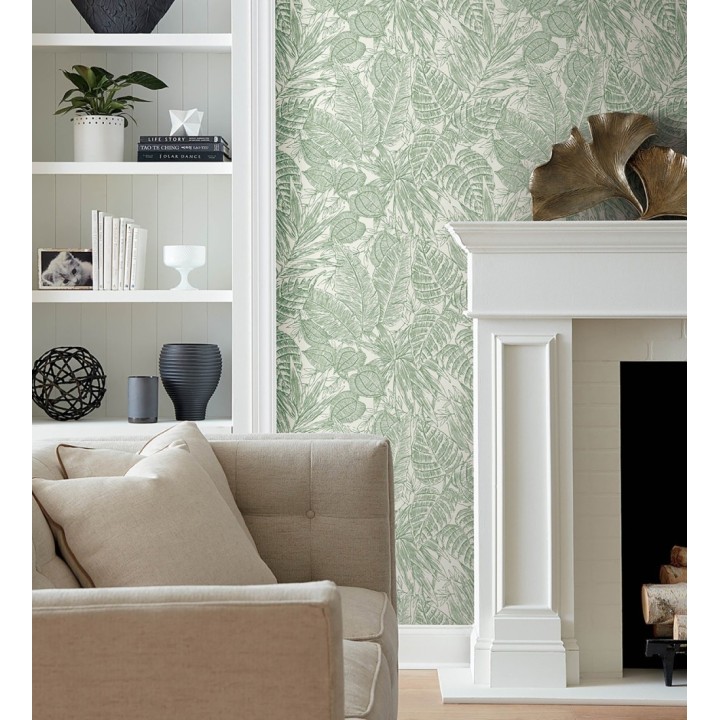 Papel pintado hojas de selva color verde sobre fondo tejido en fibras vegetales - Midnight Palms 683815