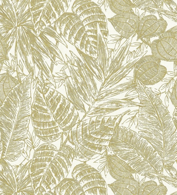Papel pintado hojas de selva color dorado sobre fondo tejido en fibras vegetales - Midnight Palms 683816