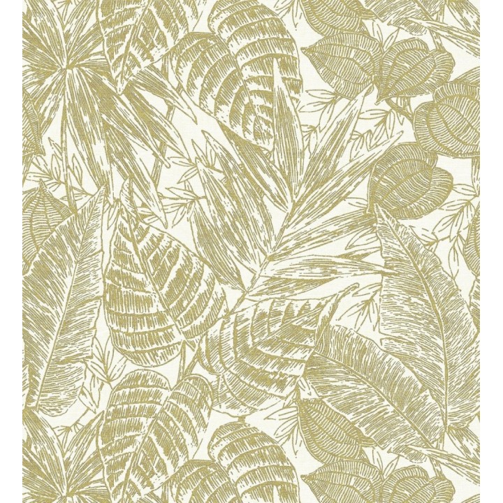 Papel pintado hojas de selva color dorado sobre fondo tejido en fibras vegetales - Midnight Palms 683816