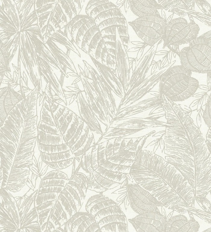 Papel pintado hojas de selva color nácar sobre fondo tejido en fibras vegetales - Midnight Palms 683817