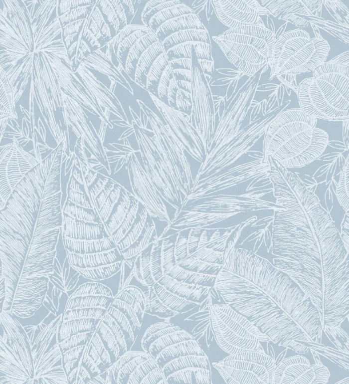 Papel pintado hojas de selva color azul sobre fondo tejido en fibras vegetales - Midnight Palms 683818