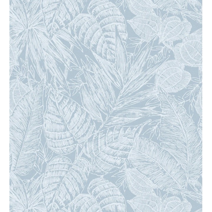 Papel pintado hojas de selva color azul sobre fondo tejido en fibras vegetales - Midnight Palms 683818