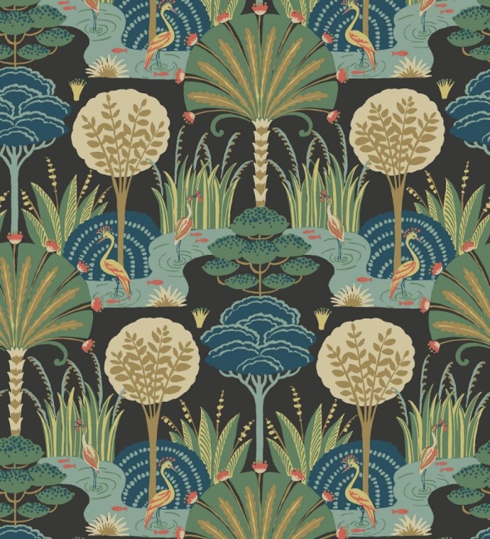 Papel pintado oasis tropical con garzas fondo negro - Indira Paradise 683819