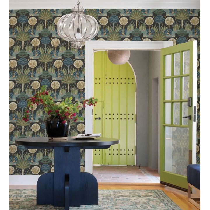 Papel pintado oasis tropical con garzas fondo negro - Indira Paradise 683819