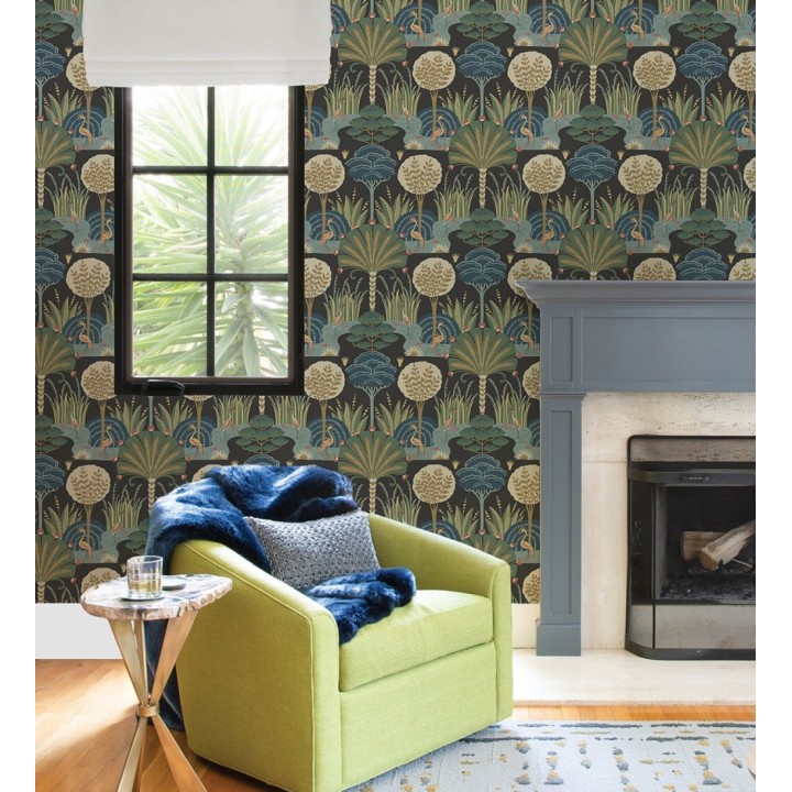 Papel pintado oasis tropical con garzas fondo negro - Indira Paradise 683819