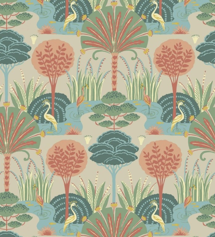 Papel pintado oasis tropical con garzas fondo beige - Indira Paradise 683820