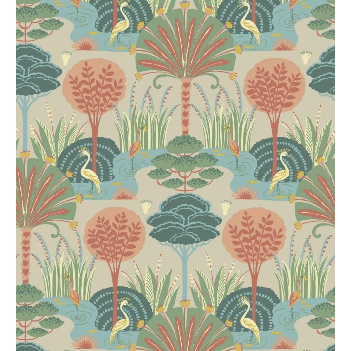 Papel pintado oasis tropical con garzas fondo beige - Indira Paradise 683820