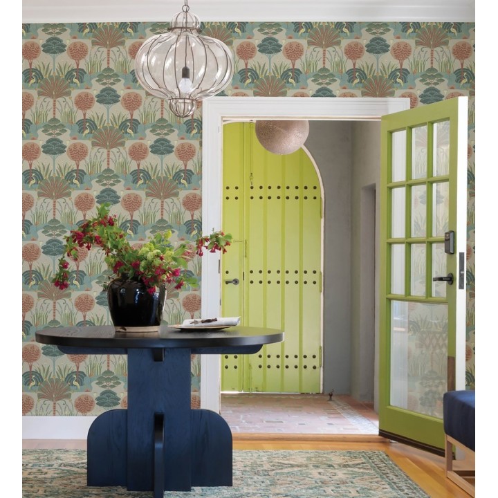 Papel pintado oasis tropical con garzas fondo beige - Indira Paradise 683820