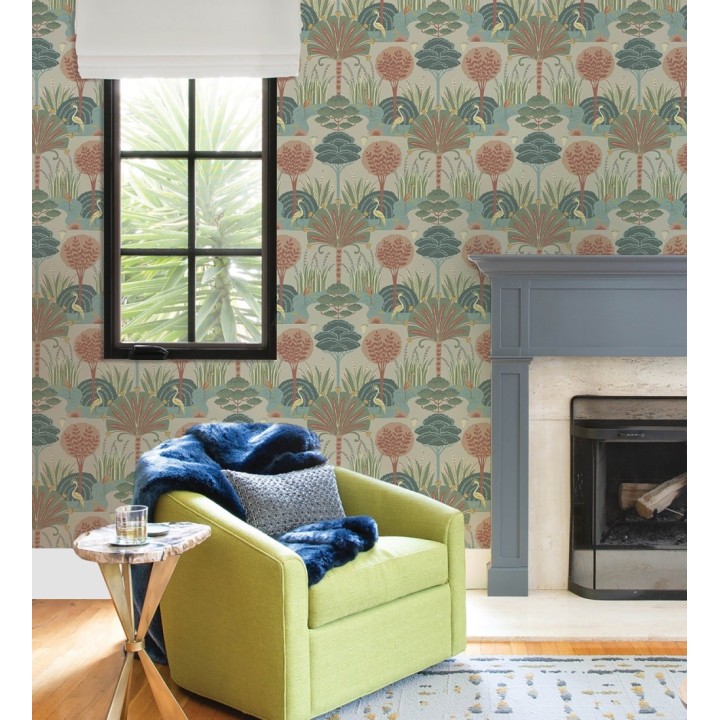 Papel pintado oasis tropical con garzas fondo beige - Indira Paradise 683820