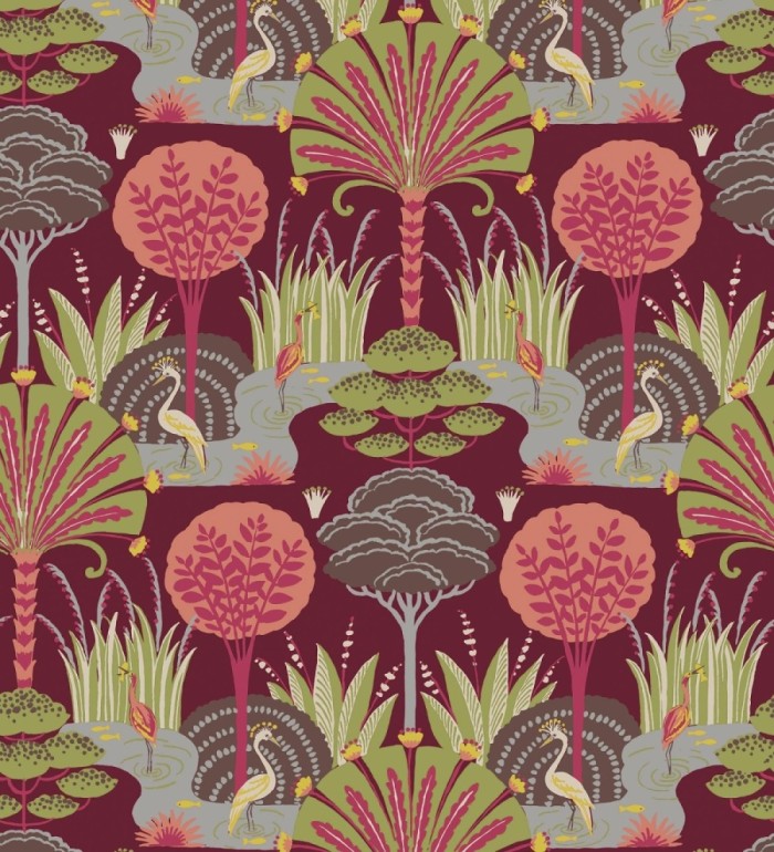 Papel pintado oasis tropical con garzas fondo burdeos - Indira Paradise 683821