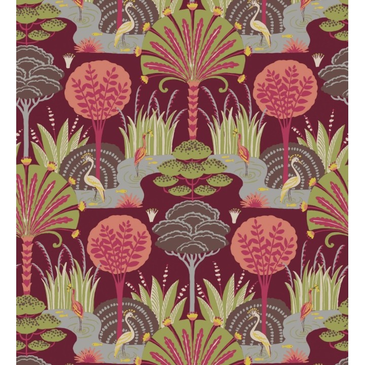 Papel pintado oasis tropical con garzas fondo burdeos - Indira Paradise 683821
