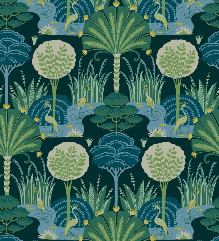 Papel pintado oasis tropical con garzas fondo verde - Indira Paradise 683822