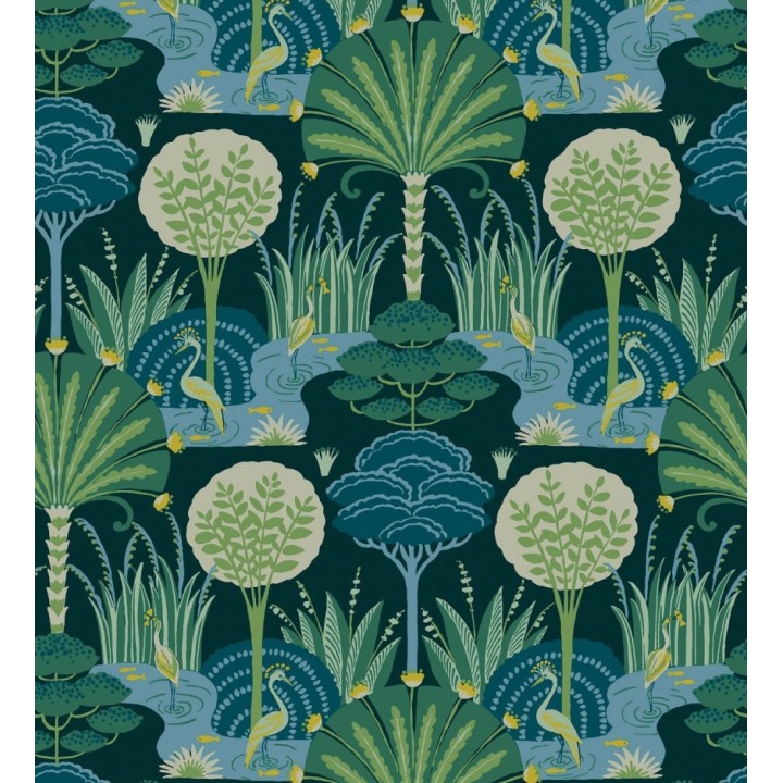 Papel pintado oasis tropical con garzas fondo verde - Indira Paradise 683822