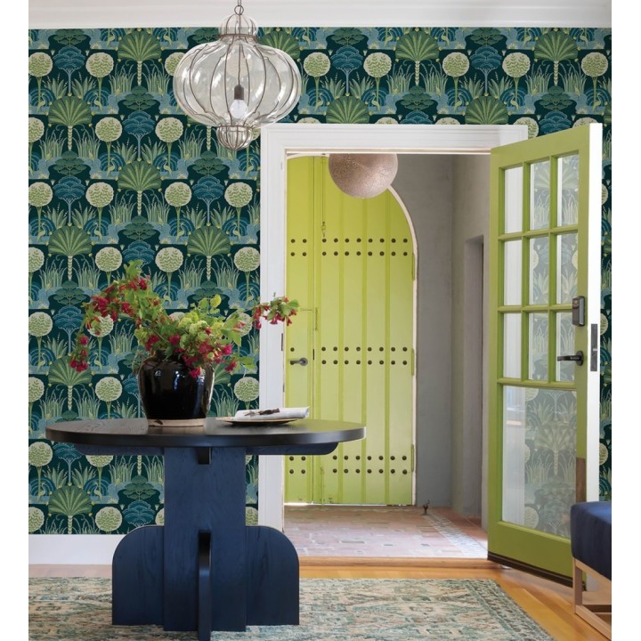 Papel pintado oasis tropical con garzas fondo verde - Indira Paradise 683822