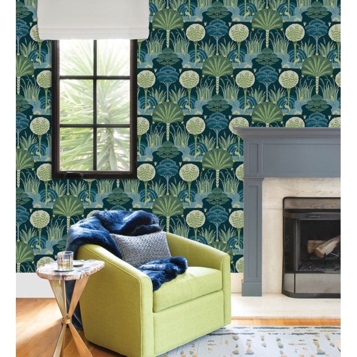 Papel pintado oasis tropical con garzas fondo verde - Indira Paradise 683822