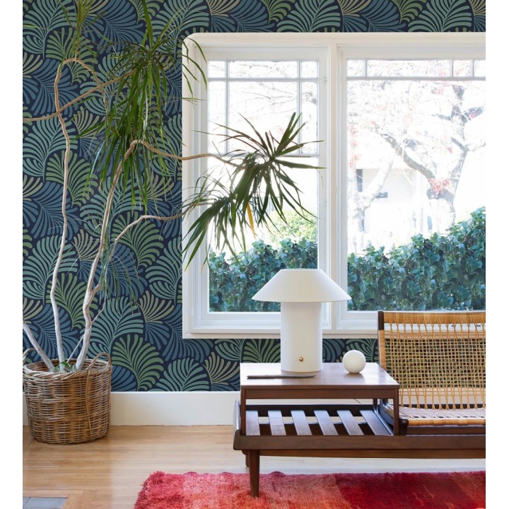 Papel pintado de hojas estilo retro en colores verde y azul - Amara Palms 683824