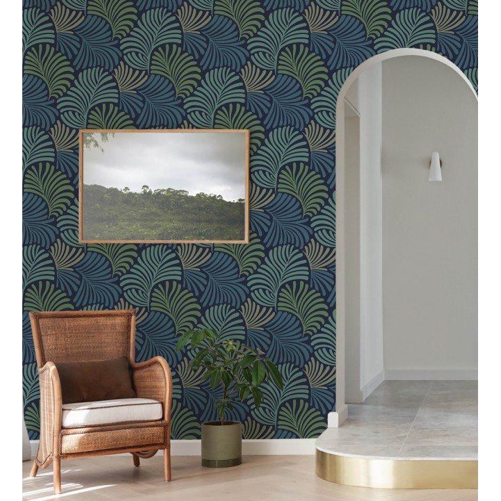 Papel pintado de hojas estilo retro en colores verde y azul - Amara Palms 683824