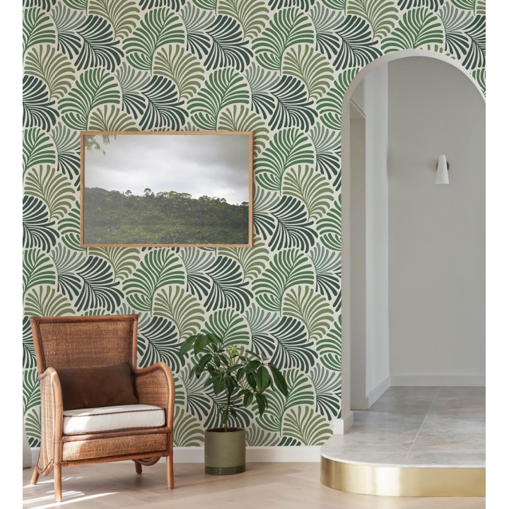 Papel pintado de hojas estilo retro en colores verdes - Amara Palms 683825