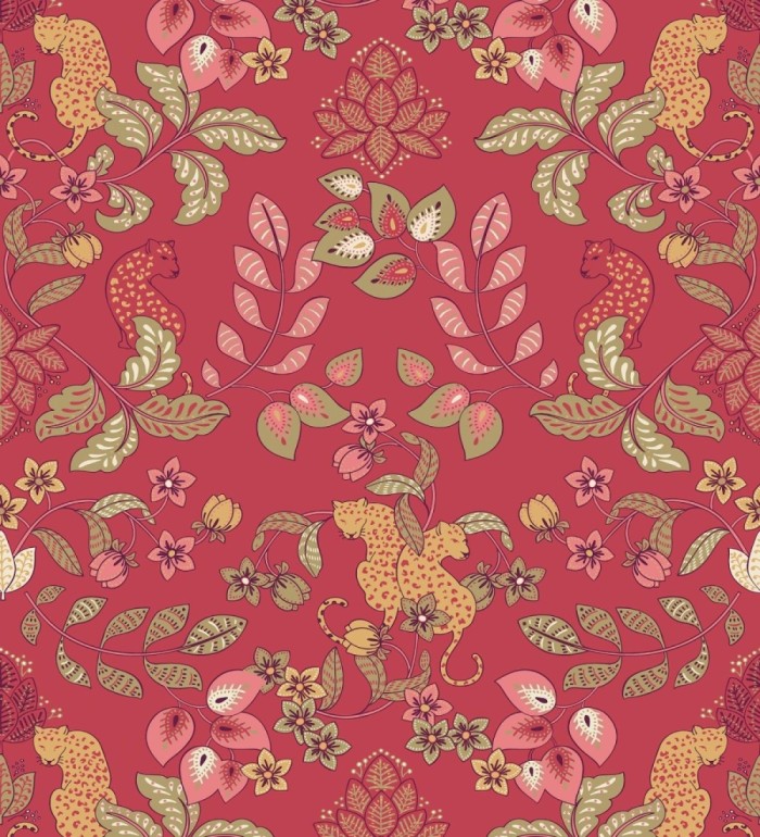 Papel pintado jardín de leopardos fondo rojo  - Liana Eden 683828