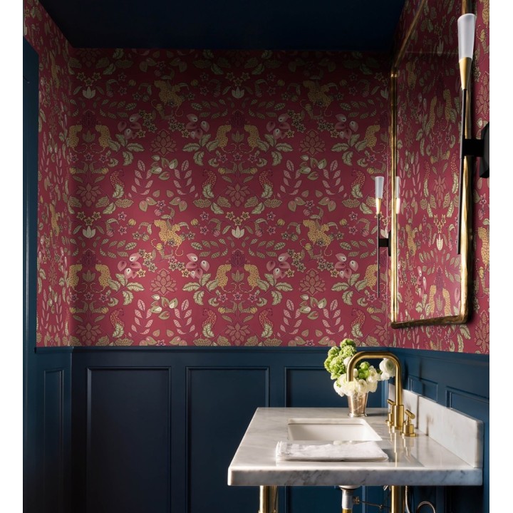 Papel pintado jardín de leopardos fondo rojo  - Liana Eden 683828