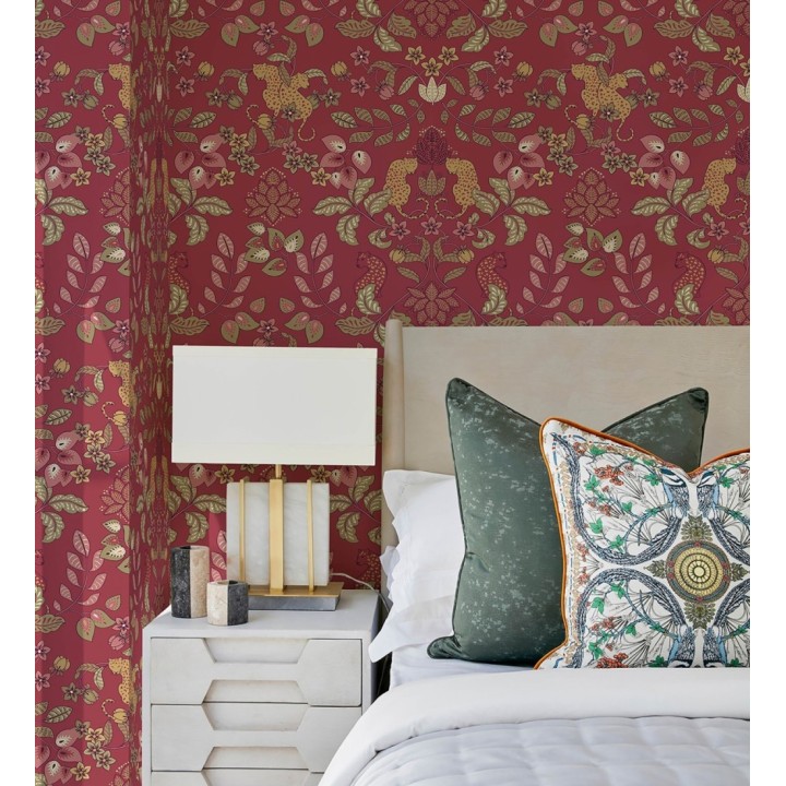 Papel pintado jardín de leopardos fondo rojo  - Liana Eden 683828
