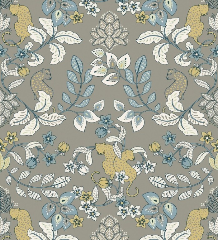 Papel pintado jardín de leopardos fondo gris cálido - Liana Eden 683832