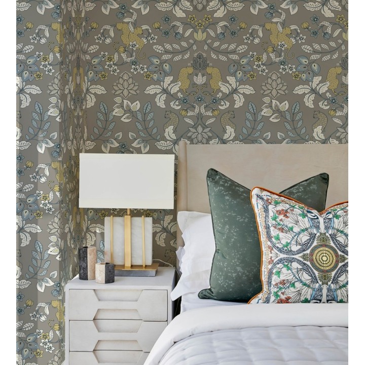 Papel pintado jardín de leopardos fondo gris cálido - Liana Eden 683832