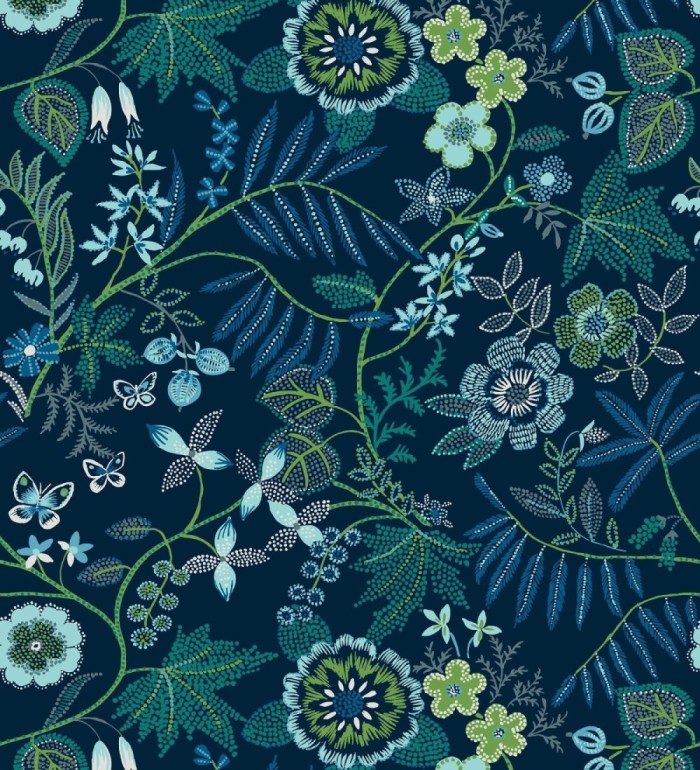 Papel pintado botánico con flores pintadas en técnica de puntillismo - Jasmine Grove 683833