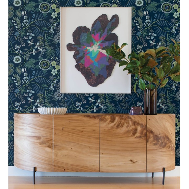 Papel pintado botánico con flores pintadas en técnica de puntillismo - Jasmine Grove 683833