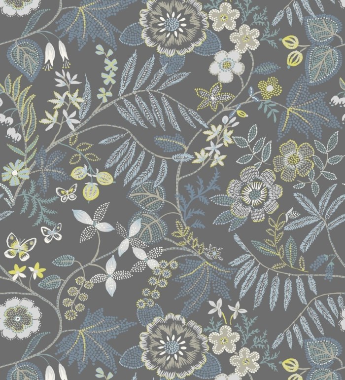Papel pintado botánico con flores pintadas en técnica de puntillismo - Jasmine Grove 683834