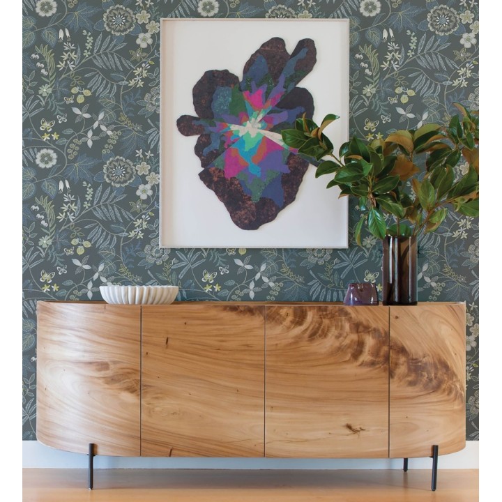 Papel pintado botánico con flores pintadas en técnica de puntillismo - Jasmine Grove 683834