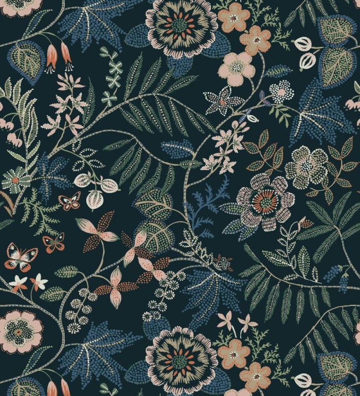 Papel pintado botánico con flores pintadas en técnica de puntillismo - Jasmine Grove 683835