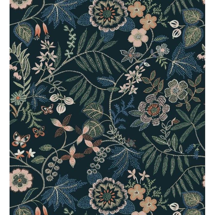 Papel pintado botánico con flores pintadas en técnica de puntillismo - Jasmine Grove 683835