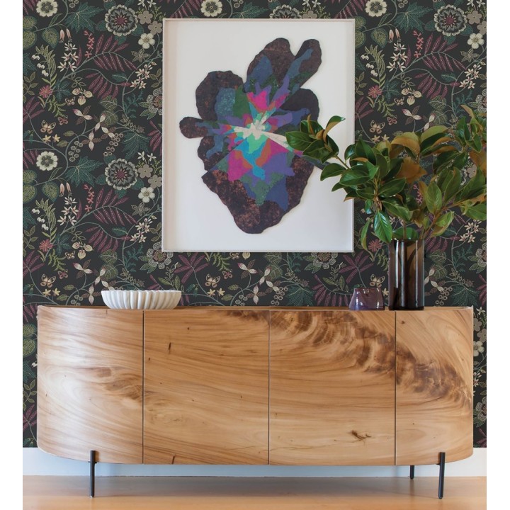 Papel pintado botánico con flores pintadas en técnica de puntillismo - Jasmine Grove 683836