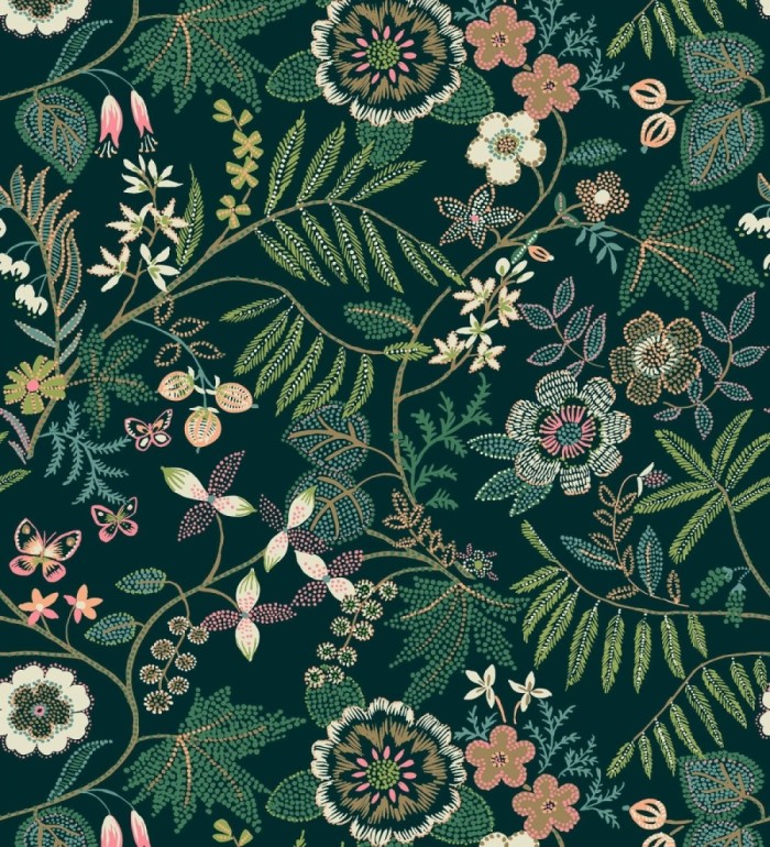 Papel pintado botánico con flores pintadas en técnica de puntillismo - Jasmine Grove 683837